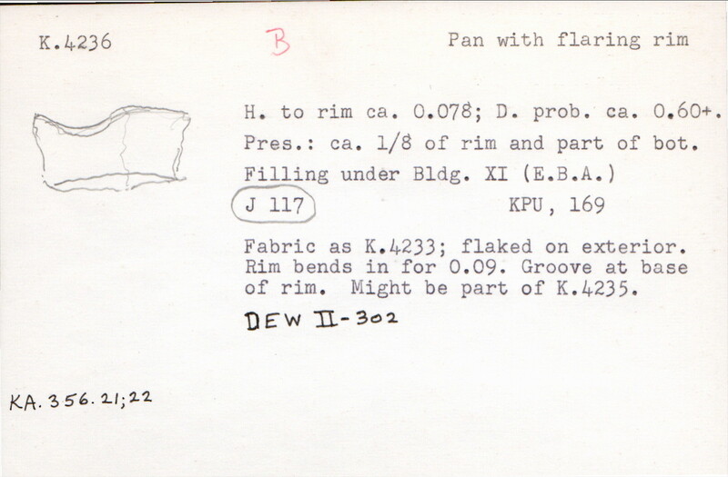 Index card with typed and handwritten information, sometimes including a sketch, of pottery from an excavation.