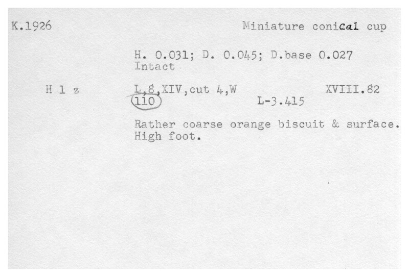 Index card with typed and handwritten information, sometimes including a sketch, of pottery from an excavation.
