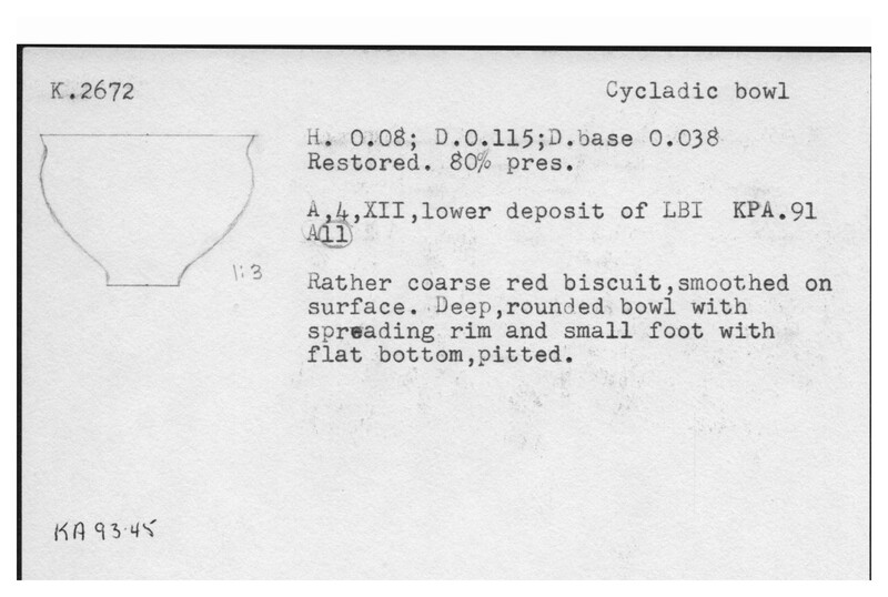 Index card with typed and handwritten information, sometimes including a sketch, of pottery from an excavation.