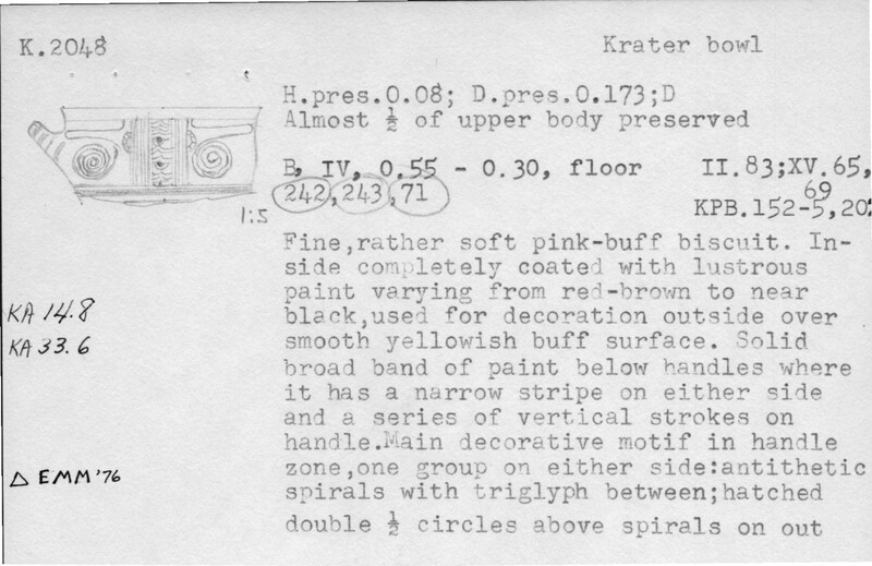 Index card with typed and handwritten information, sometimes including a sketch, of pottery from an excavation.