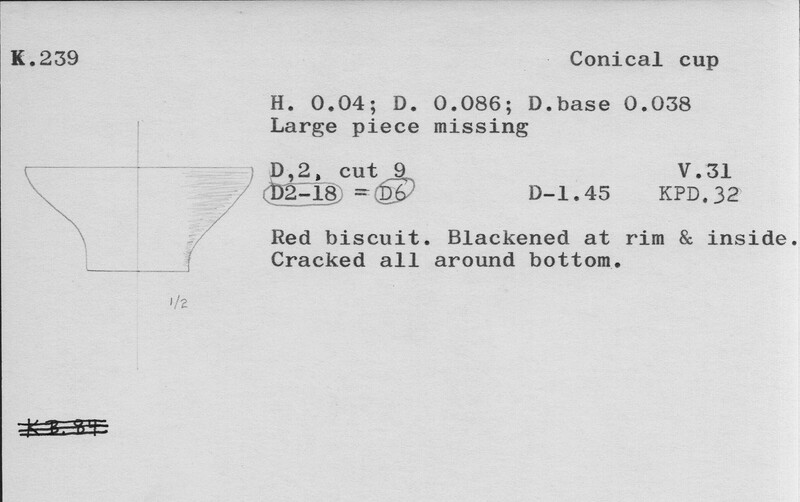 Index card with typed and handwritten information, sometimes including a sketch, of pottery from an excavation.