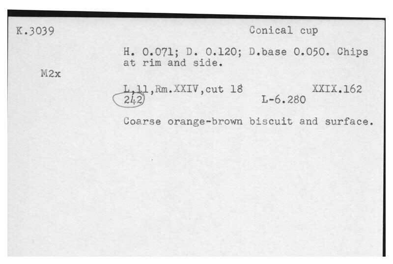 Index card with typed and handwritten information, sometimes including a sketch, of pottery from an excavation.