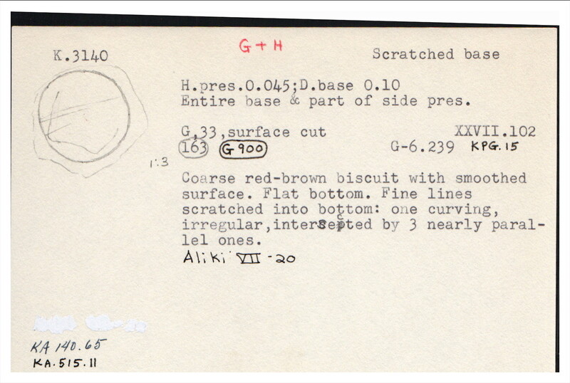 Index card with typed and handwritten information, sometimes including a sketch, of pottery from an excavation.