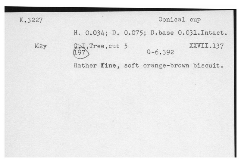 Index card with typed and handwritten information, sometimes including a sketch, of pottery from an excavation.