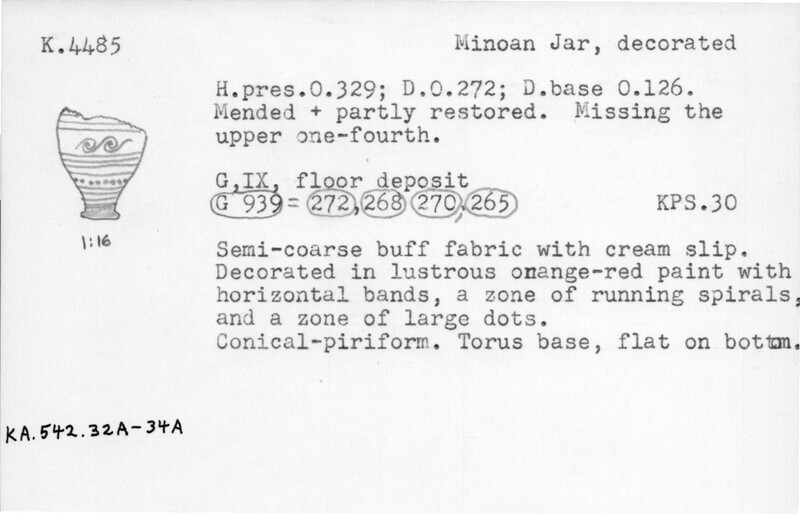 Index card with typed and handwritten information, sometimes including a sketch, of pottery from an excavation.