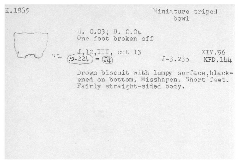 Index card with typed and handwritten information, sometimes including a sketch, of pottery from an excavation.
