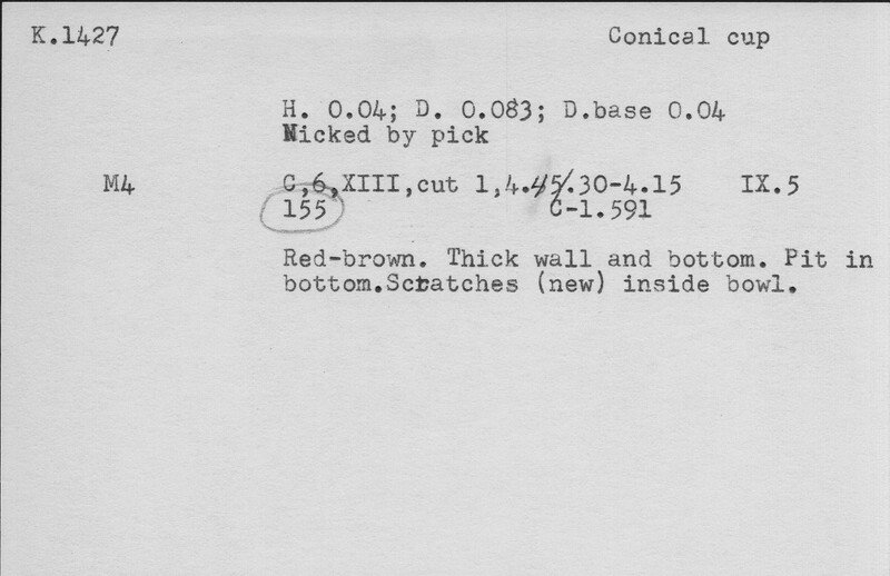 Index card with typed and handwritten information, sometimes including a sketch, of pottery from an excavation.