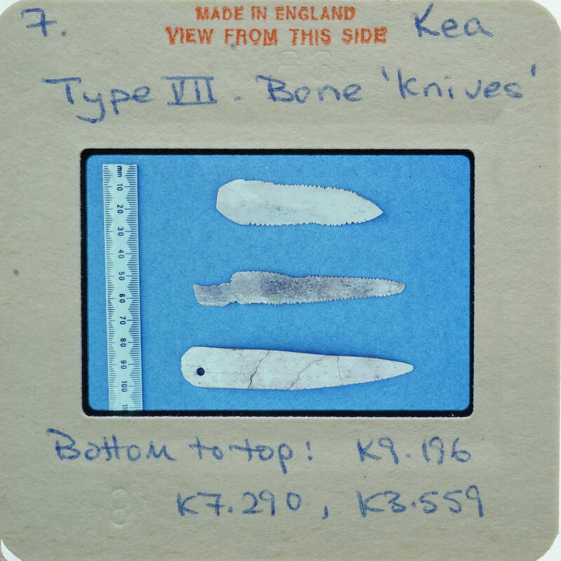 A collection of old bone knives on display with labels and measurements.