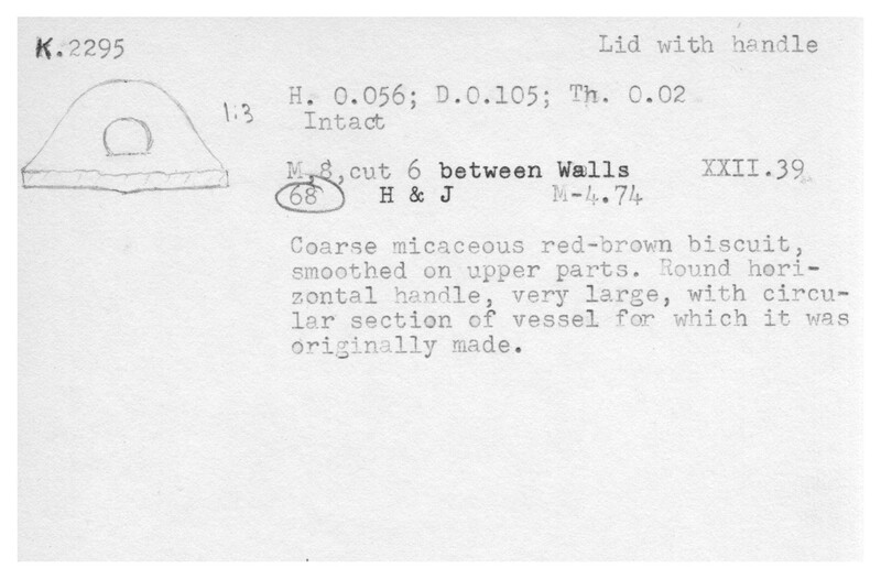 Index card with typed and handwritten information, sometimes including a sketch, of pottery from an excavation.