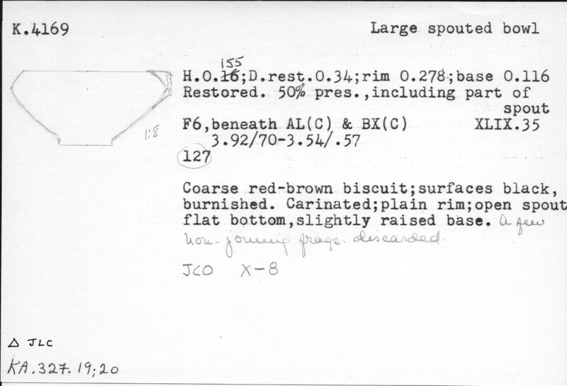 Index card with typed and handwritten information, sometimes including a sketch, of pottery from an excavation.