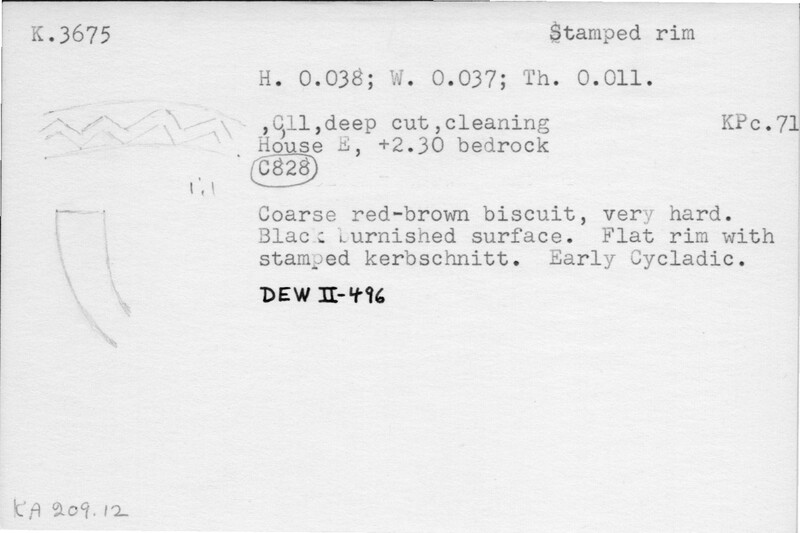 Index card with typed and handwritten information, sometimes including a sketch, of pottery from an excavation.