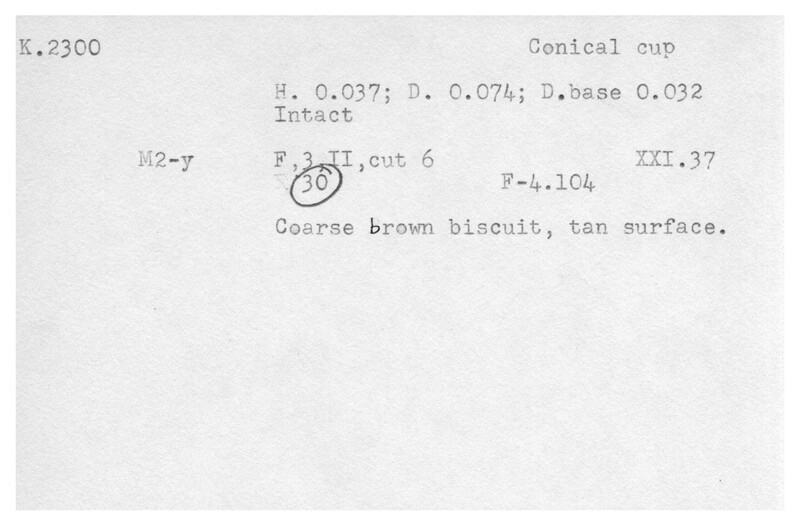 Index card with typed and handwritten information, sometimes including a sketch, of pottery from an excavation.