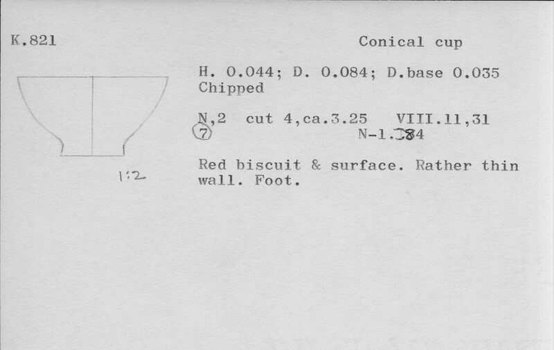Index card with typed and handwritten information, sometimes including a sketch, of pottery from an excavation.