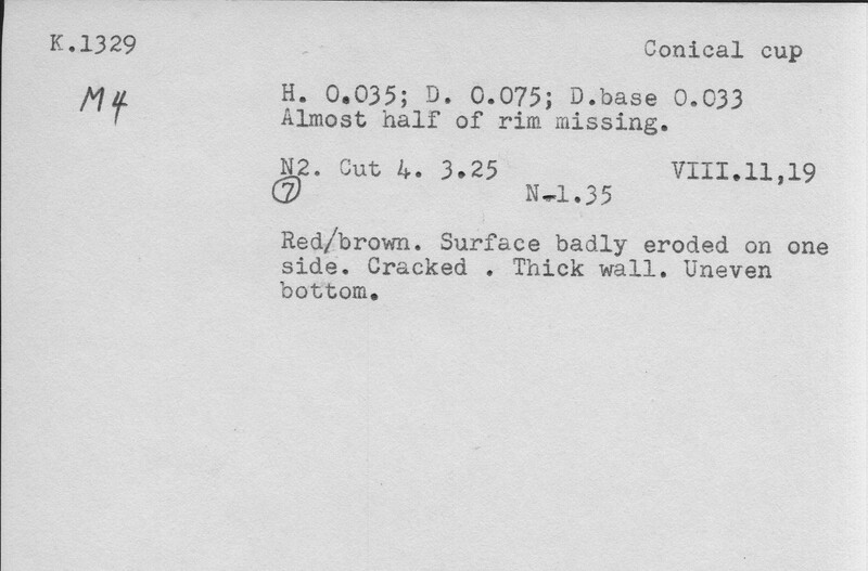Index card with typed and handwritten information, sometimes including a sketch, of pottery from an excavation.