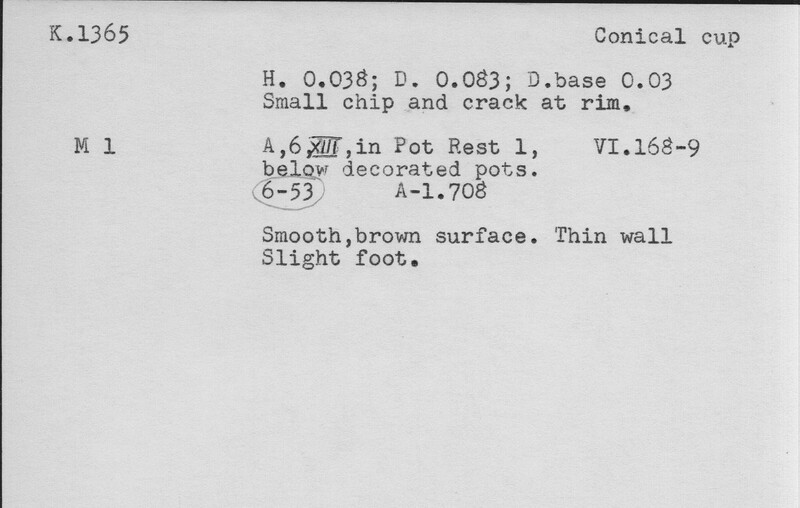 Index card with typed and handwritten information, sometimes including a sketch, of pottery from an excavation.