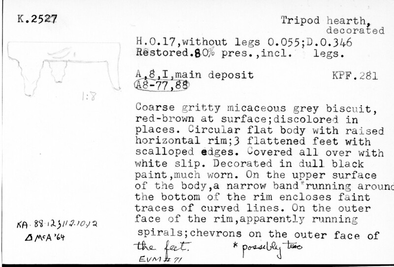 Index card with typed and handwritten information, sometimes including a sketch, of pottery from an excavation.