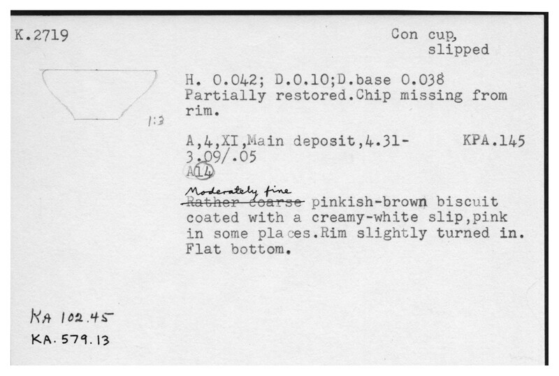 Index card with typed and handwritten information, sometimes including a sketch, of pottery from an excavation.