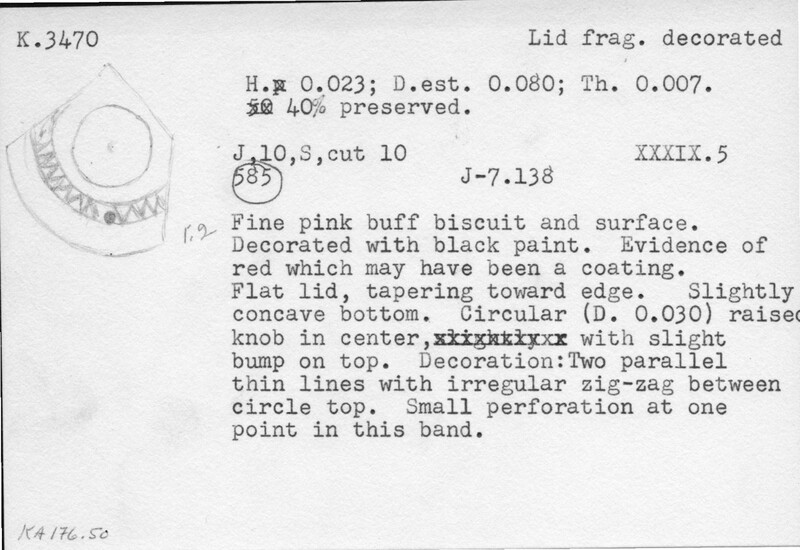 Index card with typed and handwritten information, sometimes including a sketch, of pottery from an excavation.