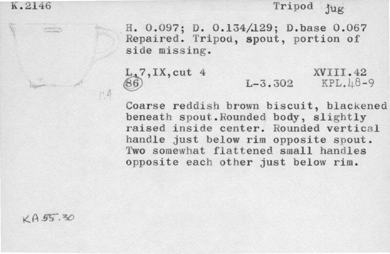 Index card with typed and handwritten information, sometimes including a sketch, of pottery from an excavation.