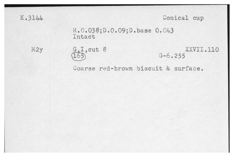 Index card with typed and handwritten information, sometimes including a sketch, of pottery from an excavation.
