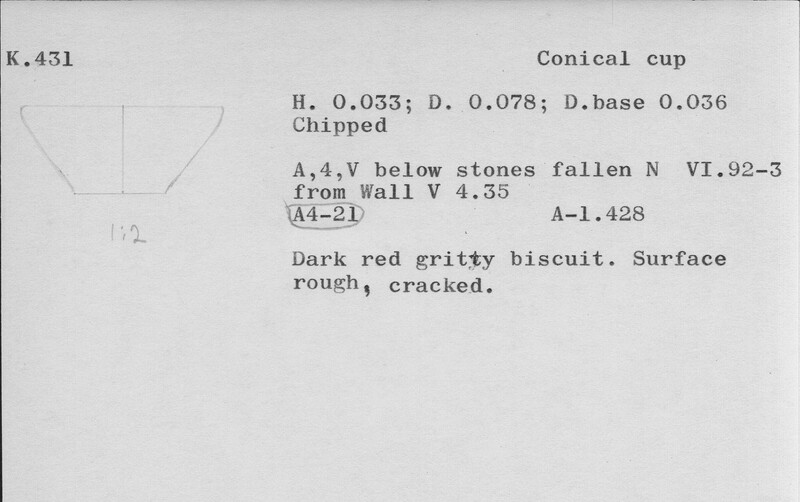 Index card with typed and handwritten information, sometimes including a sketch, of pottery from an excavation.