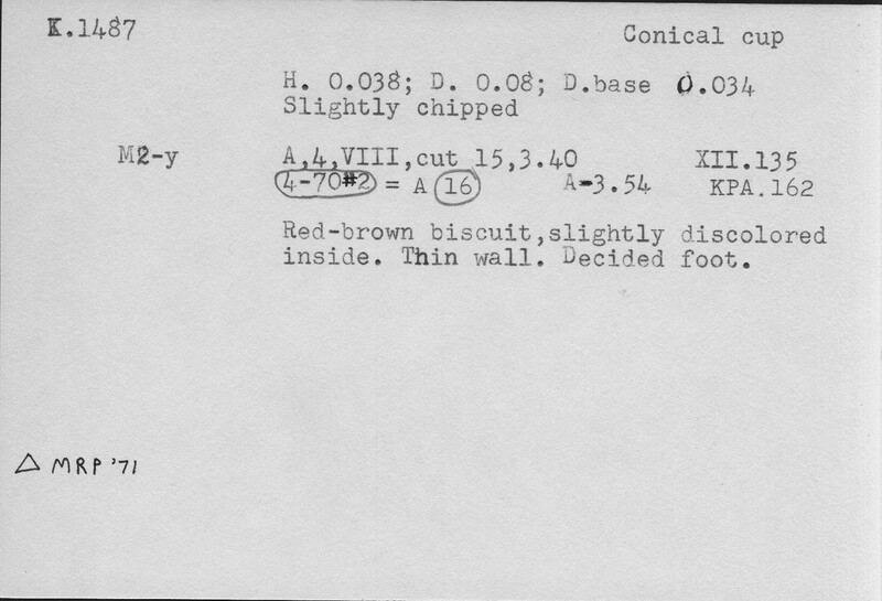 Index card with typed and handwritten information, sometimes including a sketch, of pottery from an excavation.