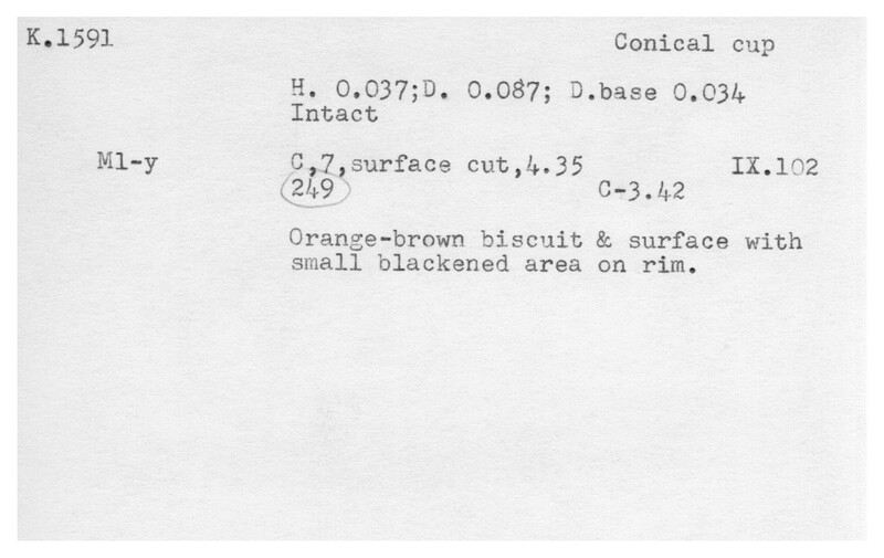 Index card with typed and handwritten information, sometimes including a sketch, of pottery from an excavation.
