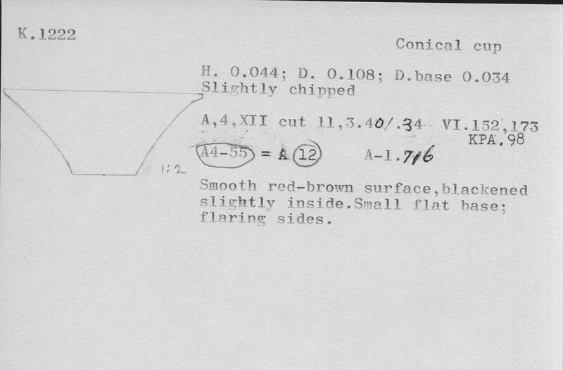 Index card with typed and handwritten information, sometimes including a sketch, of pottery from an excavation.
