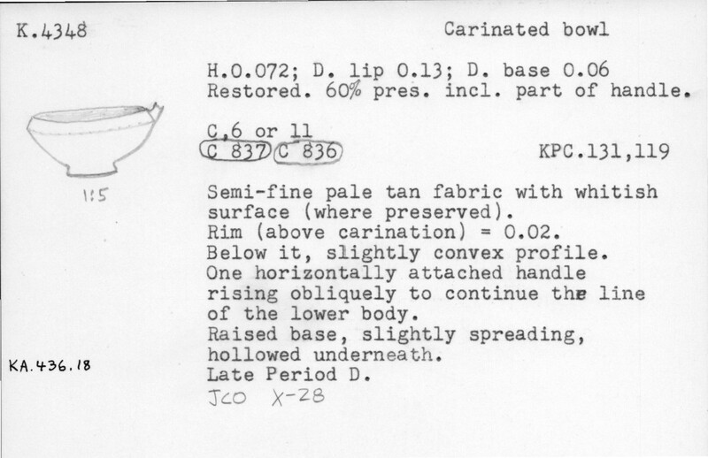 Index card with typed and handwritten information, sometimes including a sketch, of pottery from an excavation.