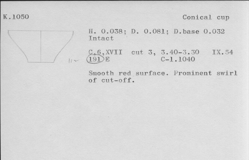 Index card with typed and handwritten information, sometimes including a sketch, of pottery from an excavation.