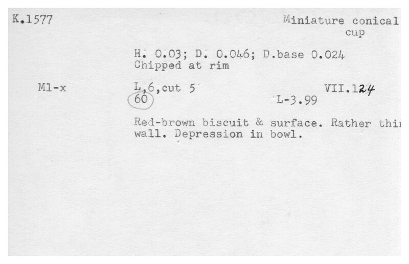 Index card with typed and handwritten information, sometimes including a sketch, of pottery from an excavation.