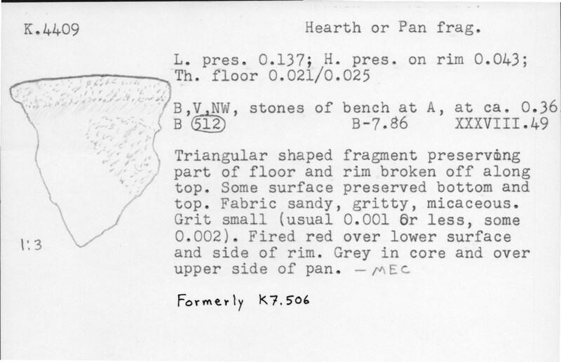 Index card with typed and handwritten information, sometimes including a sketch, of pottery from an excavation.