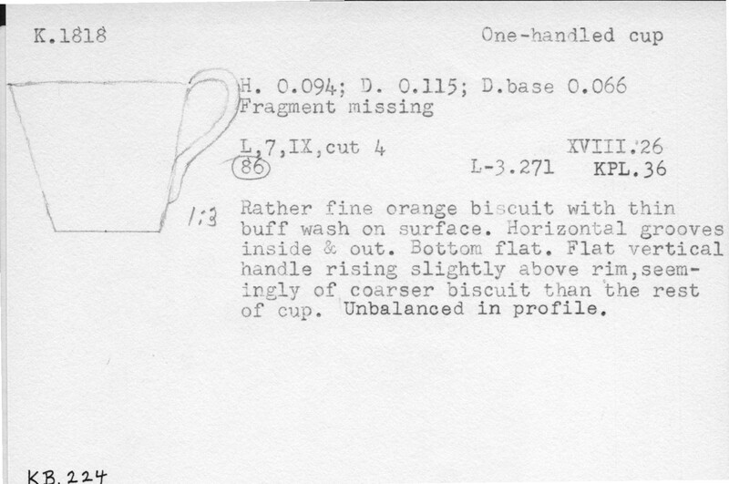 Index card with typed and handwritten information, sometimes including a sketch, of pottery from an excavation.