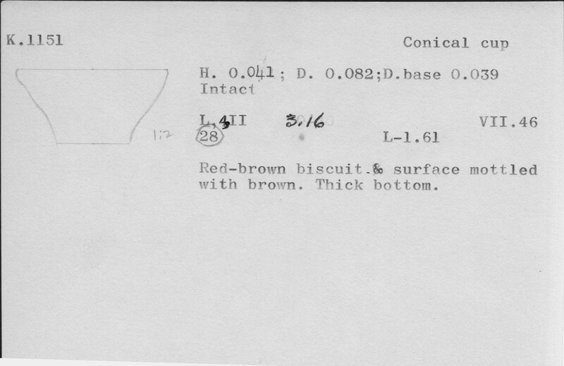 Index card with typed and handwritten information, sometimes including a sketch, of pottery from an excavation.