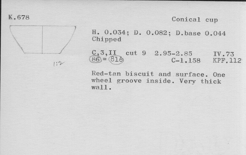 Index card with typed and handwritten information, sometimes including a sketch, of pottery from an excavation.