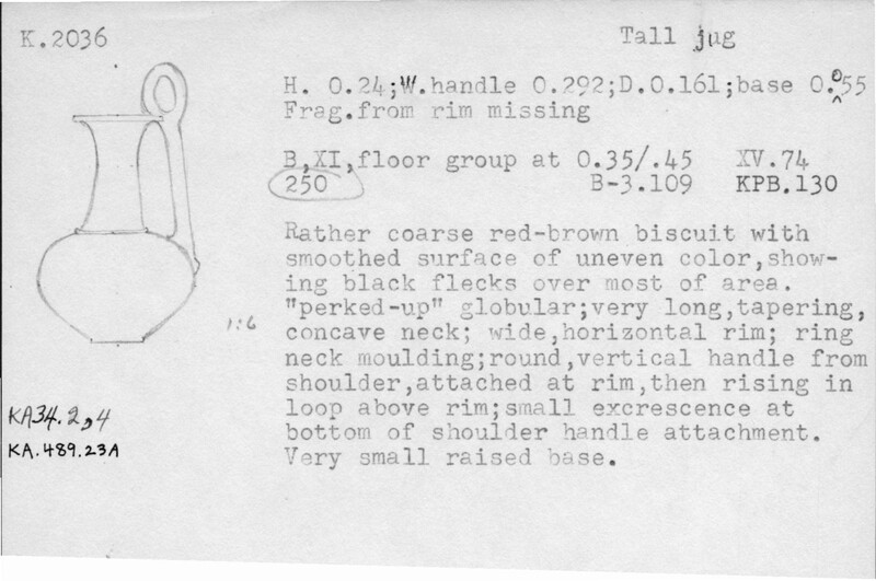 Index card with typed and handwritten information, sometimes including a sketch, of pottery from an excavation.