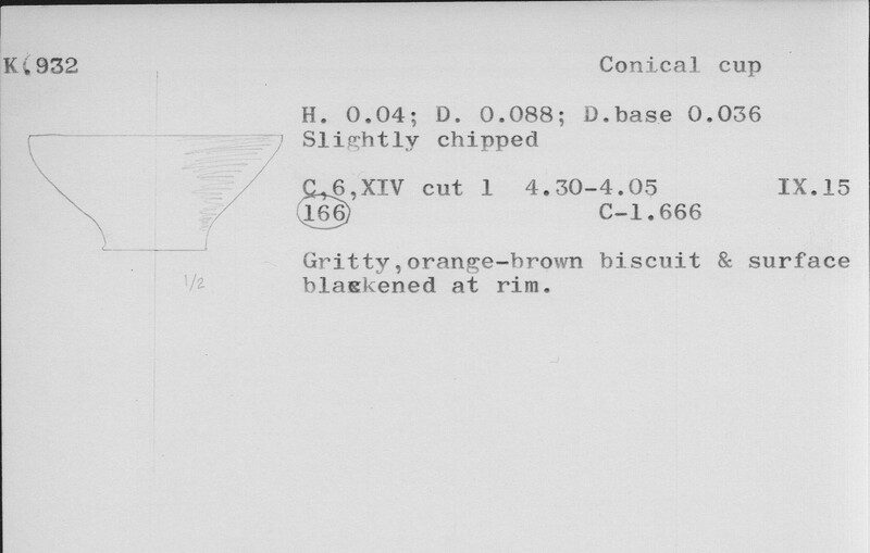 Index card with typed and handwritten information, sometimes including a sketch, of pottery from an excavation.