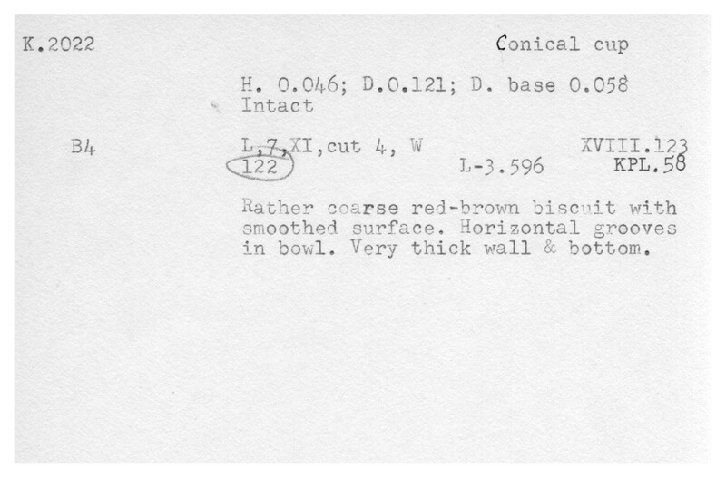 Index card with typed and handwritten information, sometimes including a sketch, of pottery from an excavation.