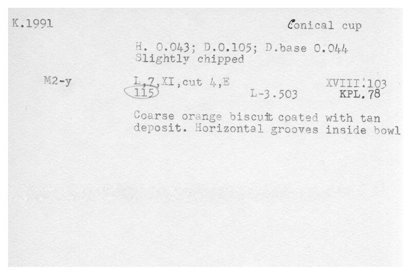 Index card with typed and handwritten information, sometimes including a sketch, of pottery from an excavation.