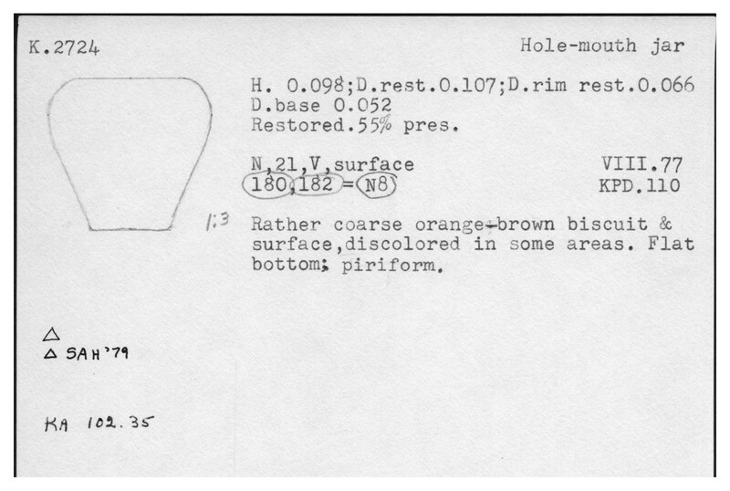 Index card with typed and handwritten information, sometimes including a sketch, of pottery from an excavation.
