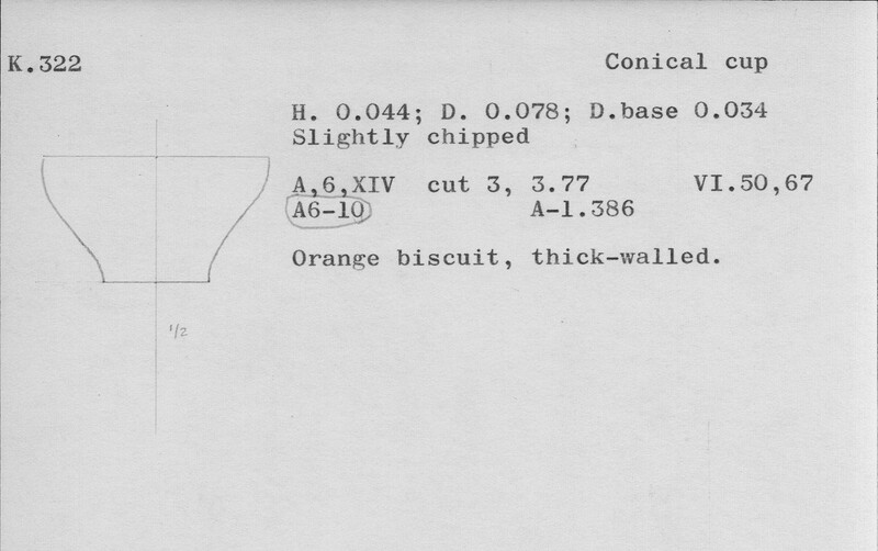 Index card with typed and handwritten information, sometimes including a sketch, of pottery from an excavation.