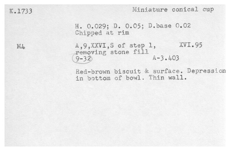 Index card with typed and handwritten information, sometimes including a sketch, of pottery from an excavation.