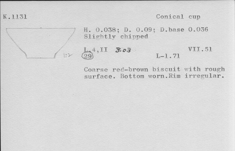 Index card with typed and handwritten information, sometimes including a sketch, of pottery from an excavation.