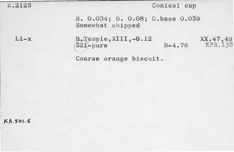 Index card with typed and handwritten information, sometimes including a sketch, of pottery from an excavation.