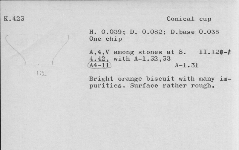 Index card with typed and handwritten information, sometimes including a sketch, of pottery from an excavation.