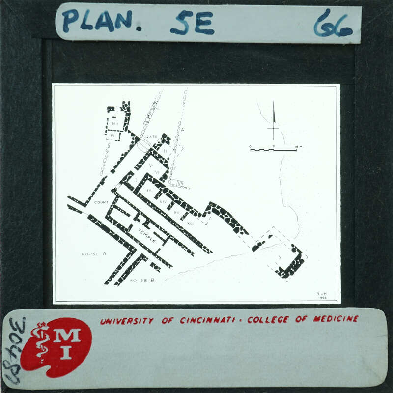 Black and white plan of the temple with labeled streets, buildings, and waterways.
