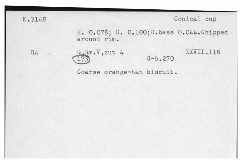 Index card with typed and handwritten information, sometimes including a sketch, of pottery from an excavation.