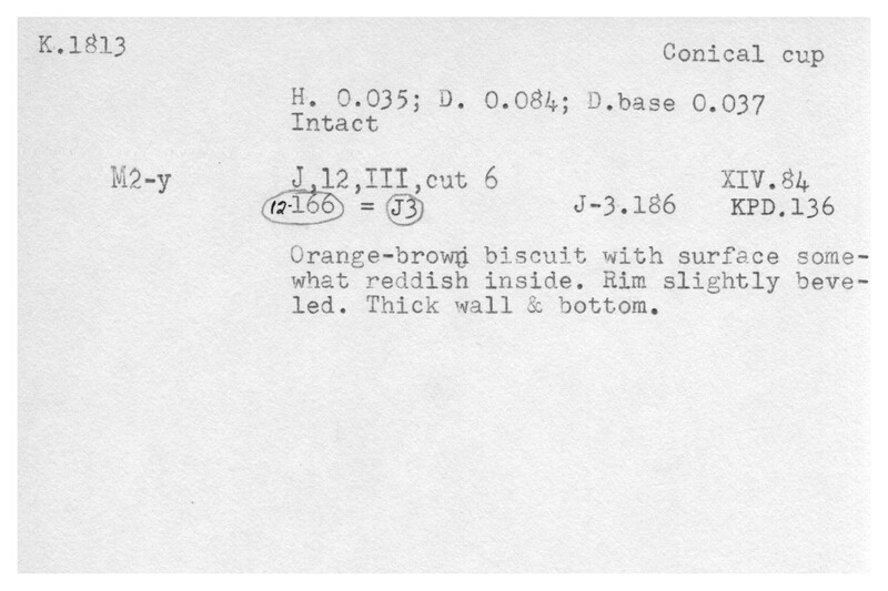 Index card with typed and handwritten information, sometimes including a sketch, of pottery from an excavation.
