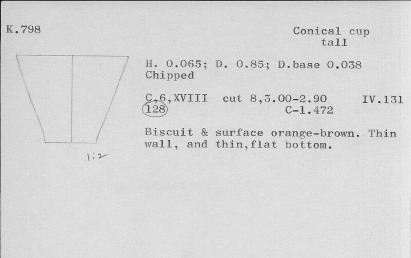 Index card with typed and handwritten information, sometimes including a sketch, of pottery from an excavation.