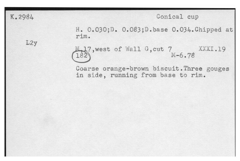 Index card with typed and handwritten information, sometimes including a sketch, of pottery from an excavation.